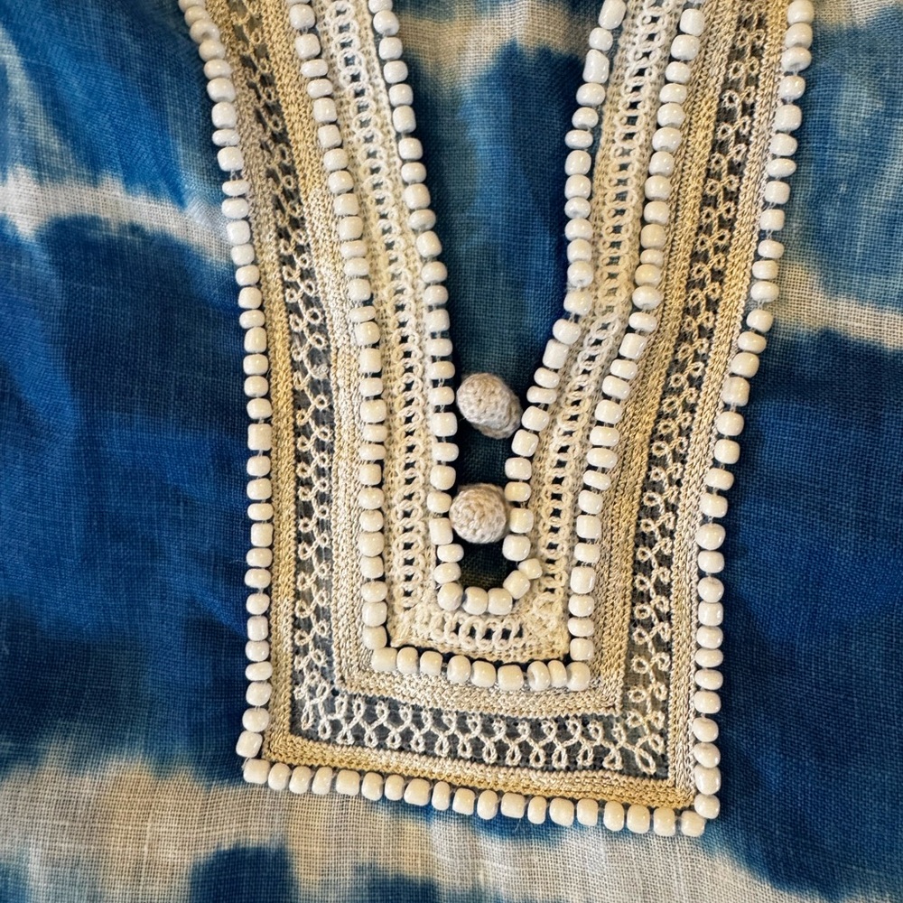Tashia Shibori Blue & White Tie-Dye Embroidered + Beaded Linen Tunic, Medium - Picture 9 of 10